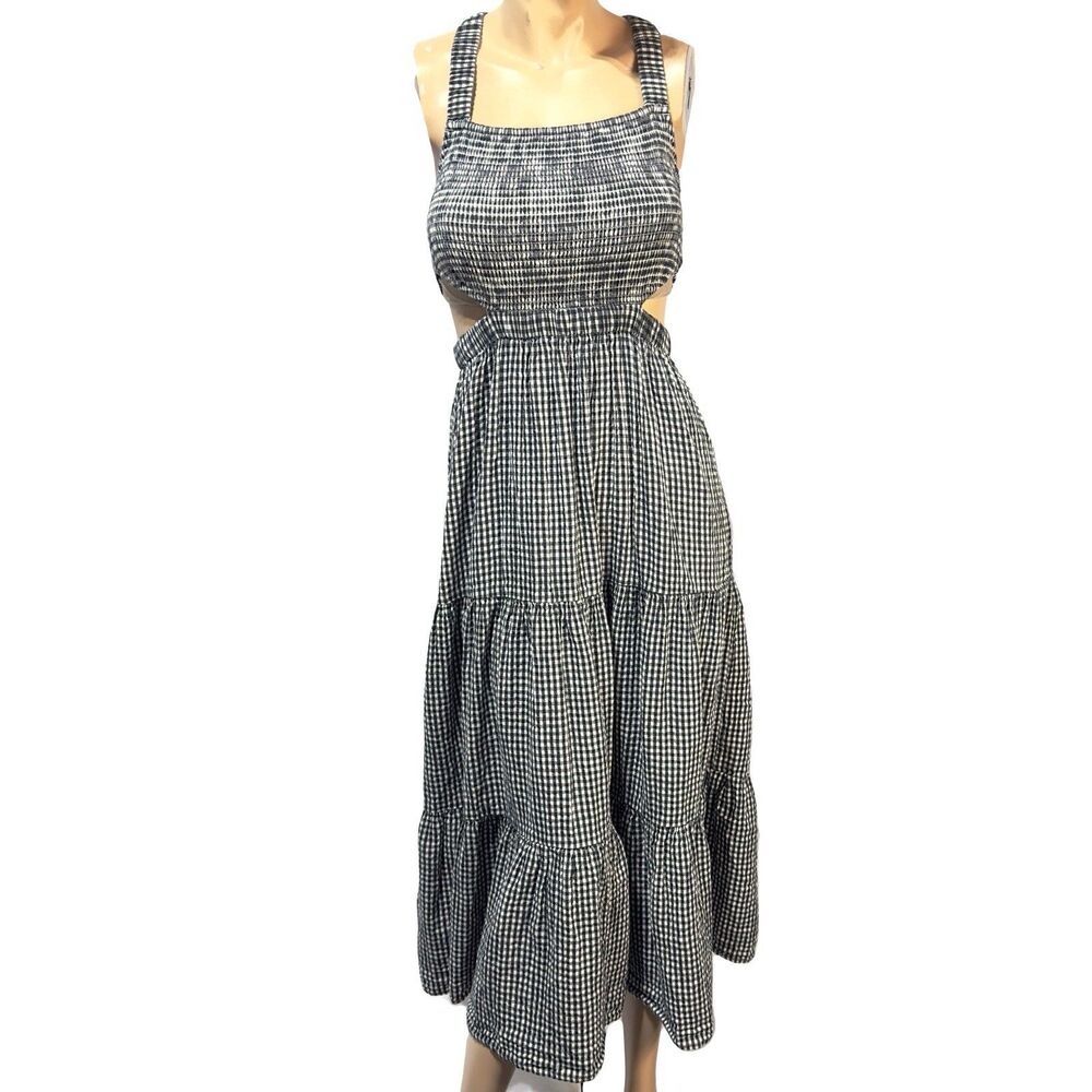 American Eagle Women’s Gingham Smocked Cut Out Tiered Linen Blend Midi Dress S